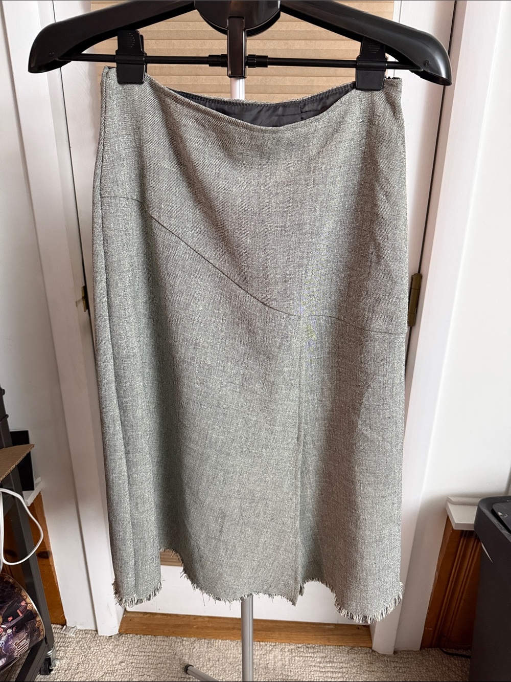 VTG asymmetrical seam front side slit Frayed Hem woven Heather gray midi skirt